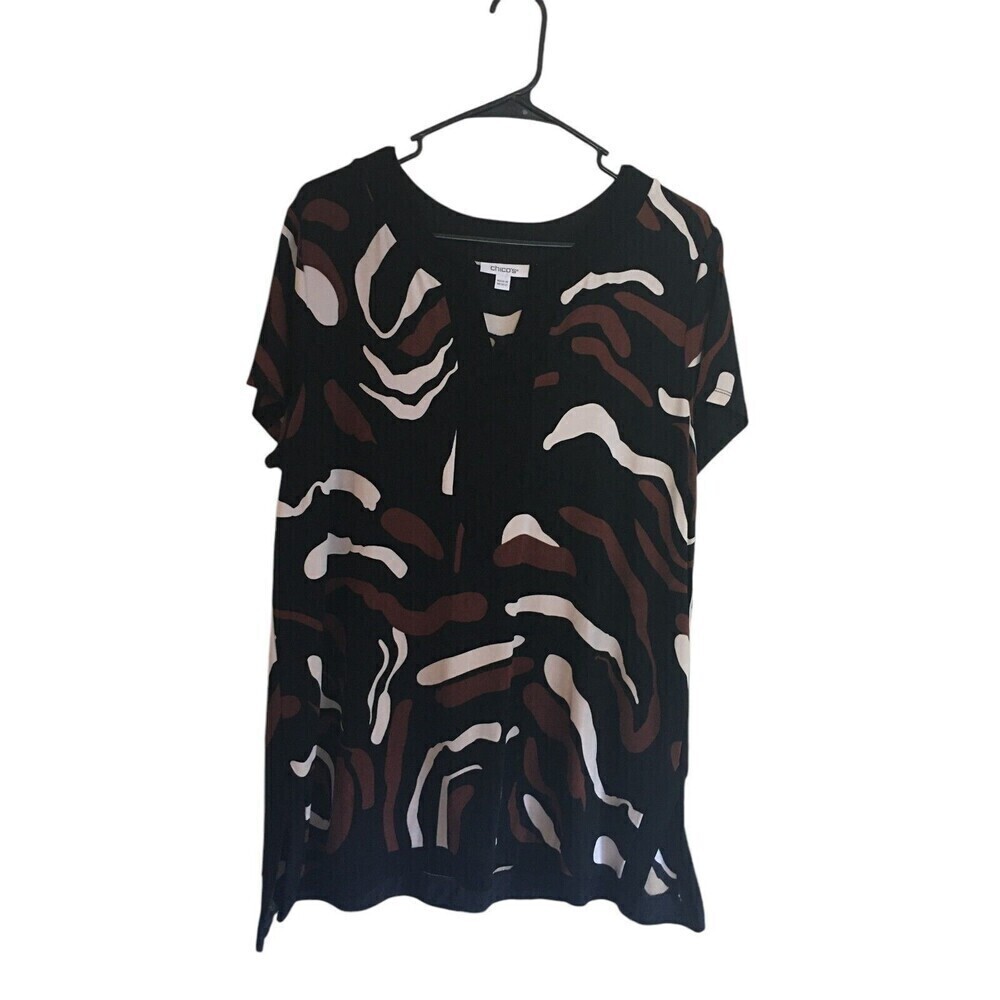 Chicos Top Women's Size XL Black Brown White Short Sleeve Tunic Shirt Stretch